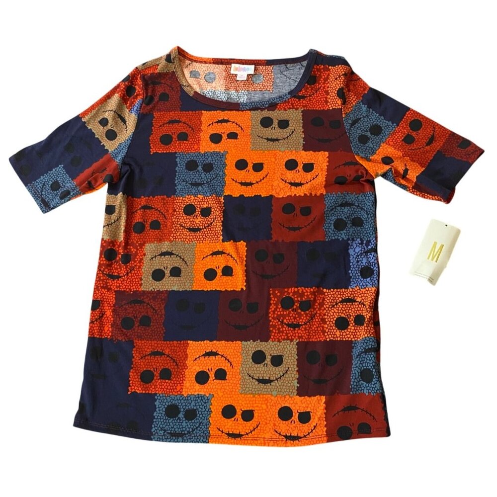 NWT Disney LuLaRoe Gigi Top Halloween Smiley Patchwork Print Short Sleeve Medium